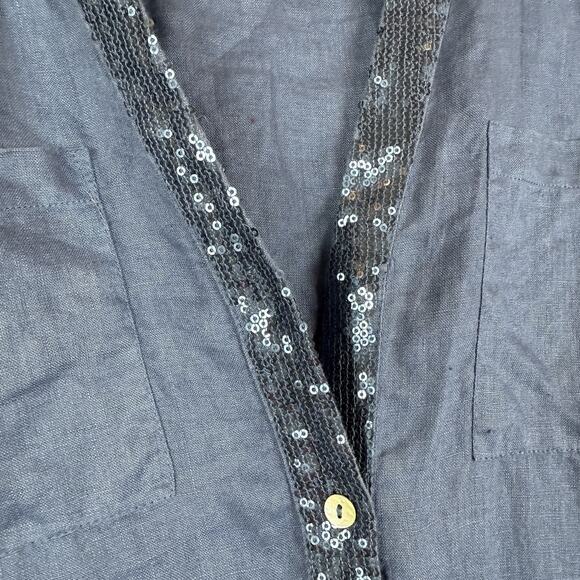 Chico's Linen Top Women 1 US M Blue Sequin Button Up Roll Tab Crochet Beach Boho - Picture 4 of 9